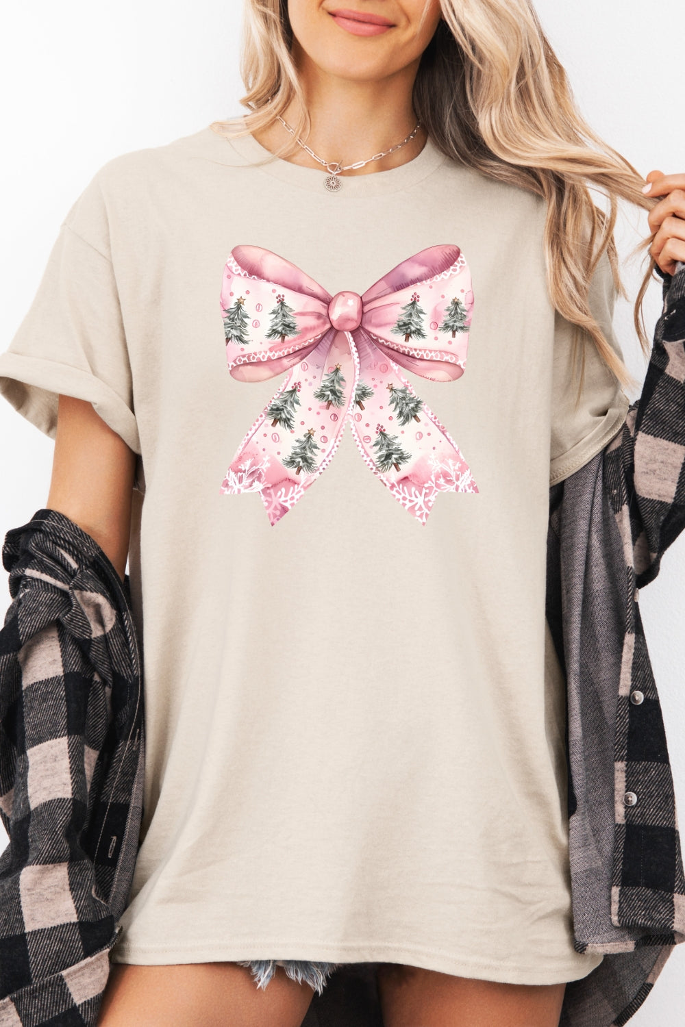 Pink christmas tree bow tee