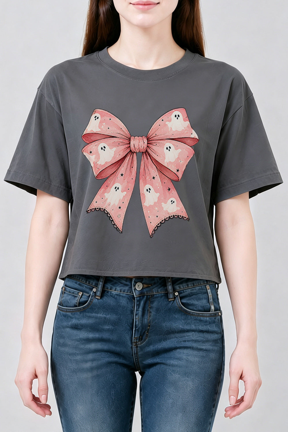 Pink ghost bow crop top