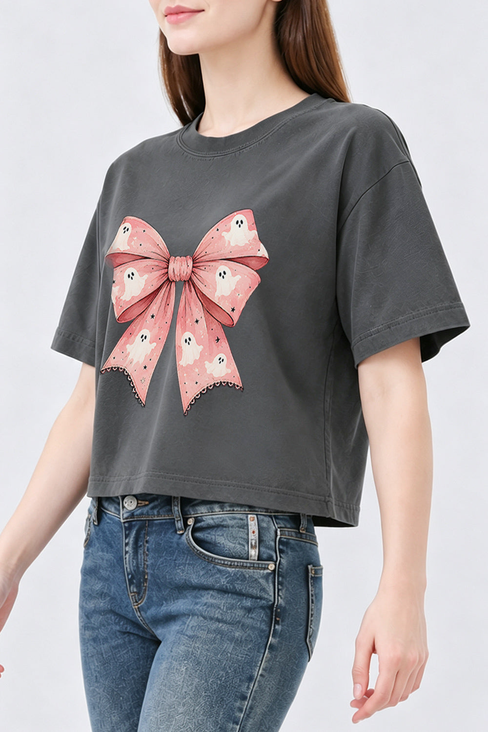 Pink ghost bow crop top