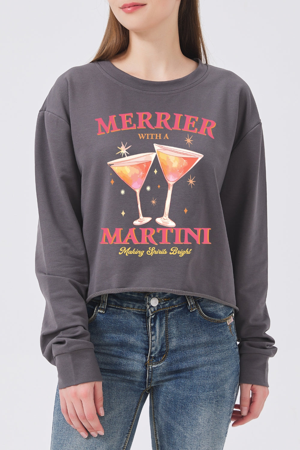 Pink merrier with martni christmas crop sweatshirt