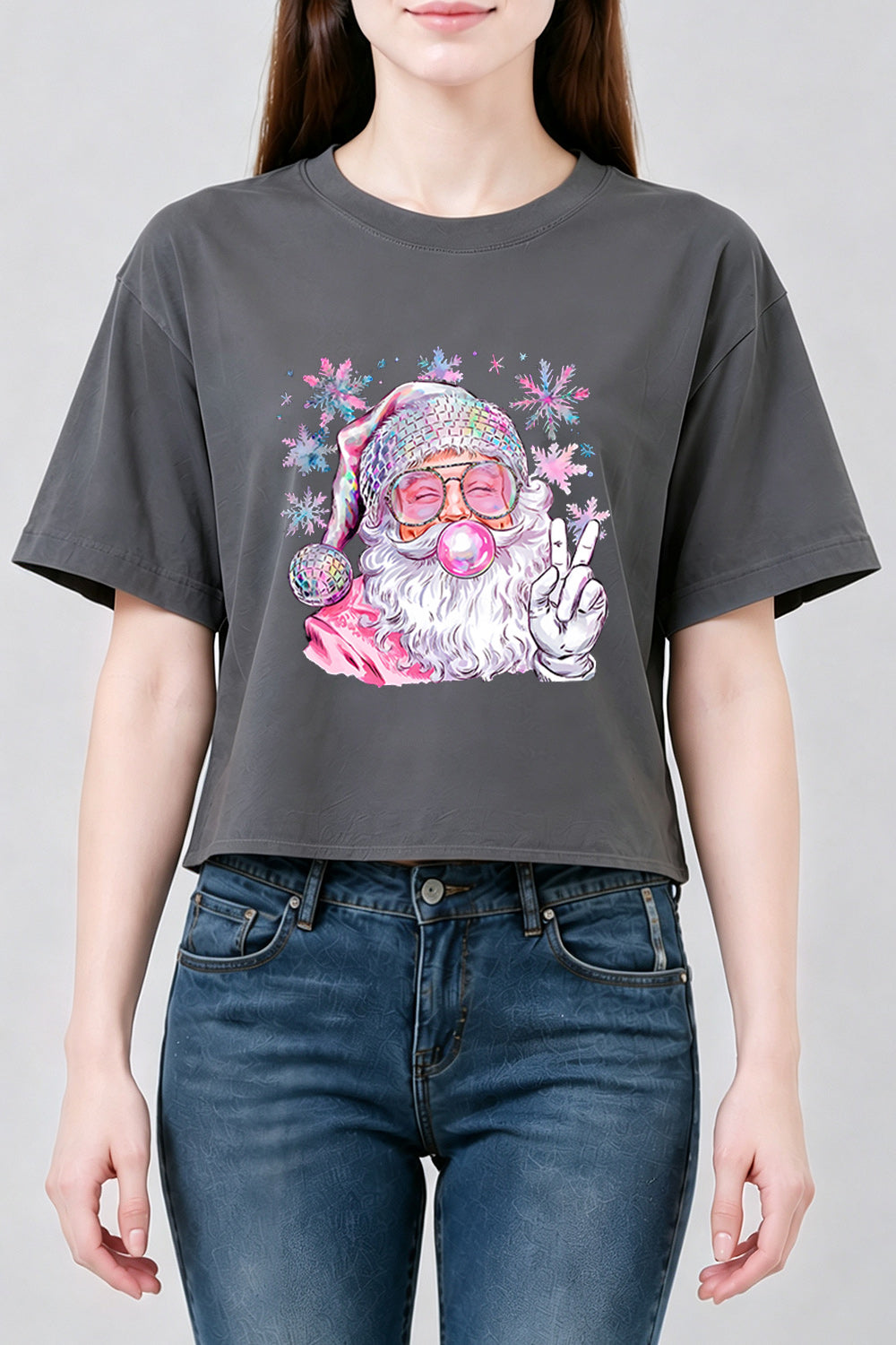 Pink santa blowing bubble snowflake crop top