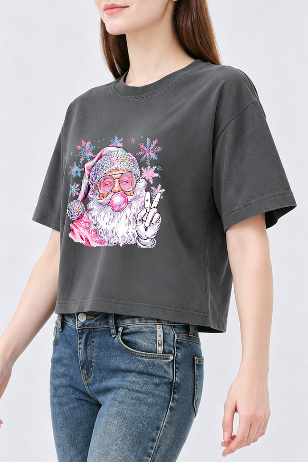 Pink santa blowing bubble snowflake crop top