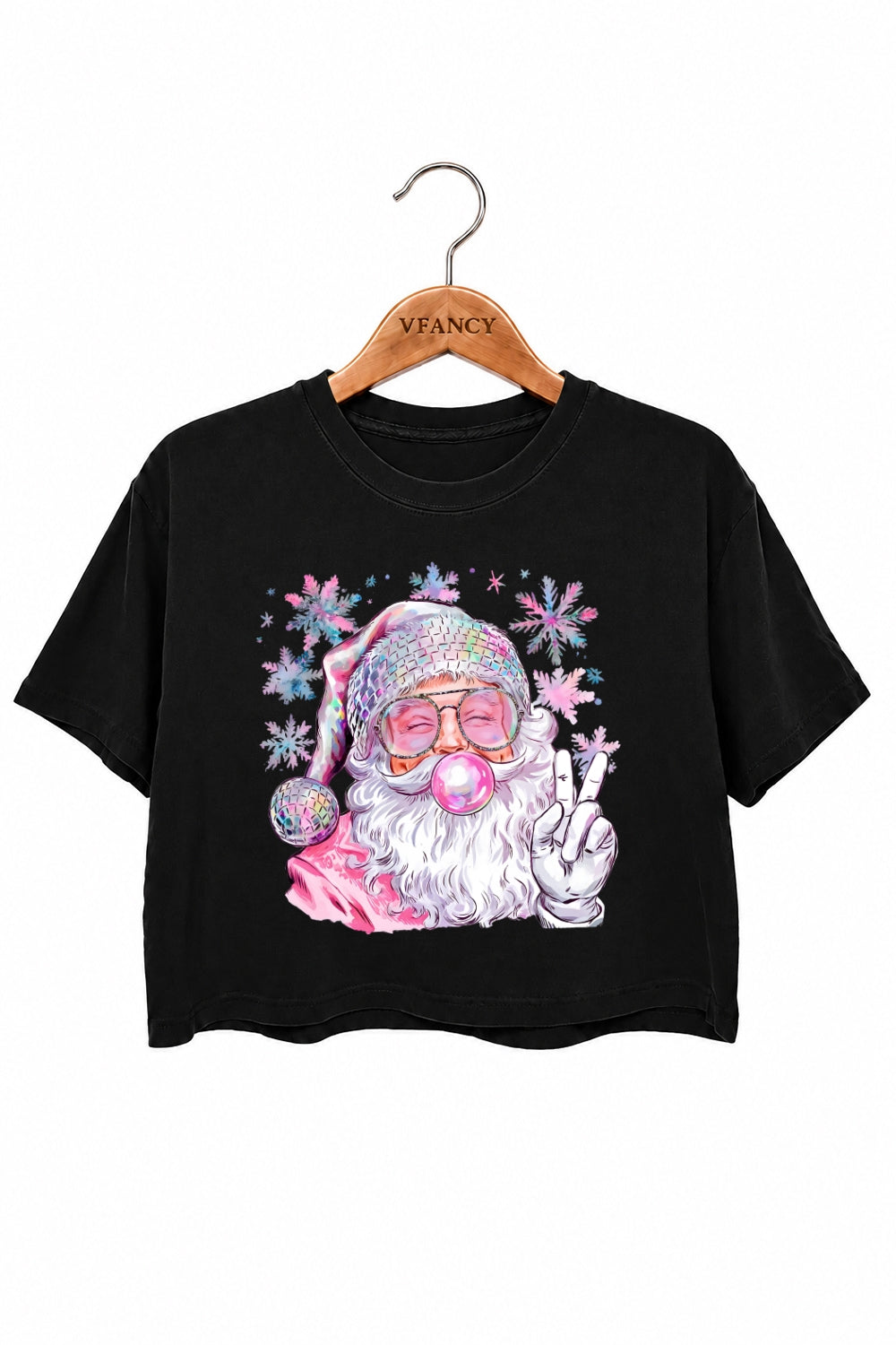 Pink santa blowing bubble snowflake crop top