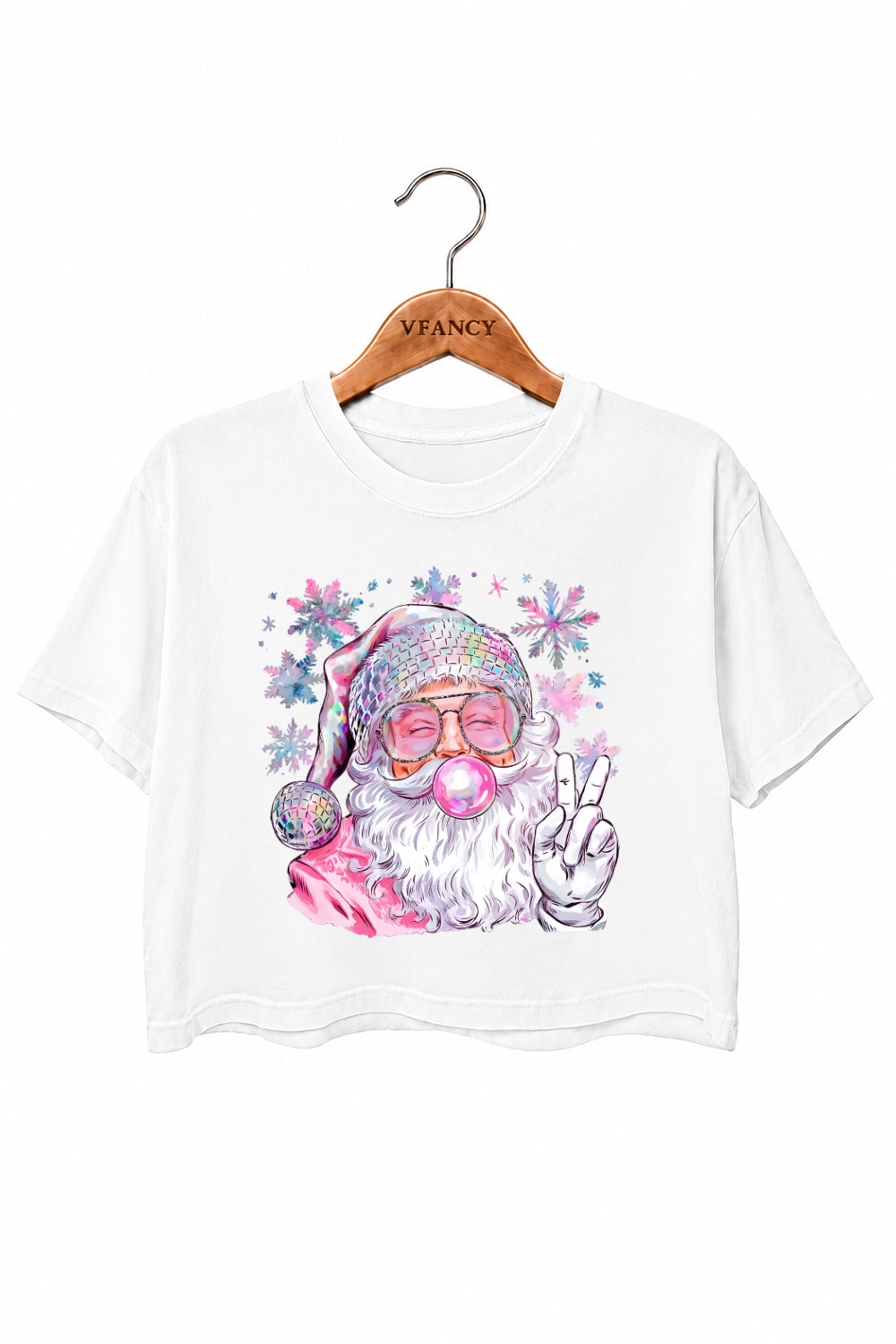 Pink santa blowing bubble snowflake crop top