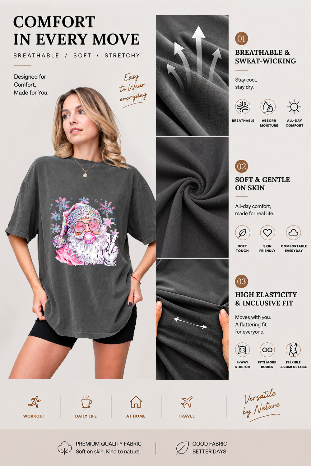 Pink santa blowing bubble snowflake tee