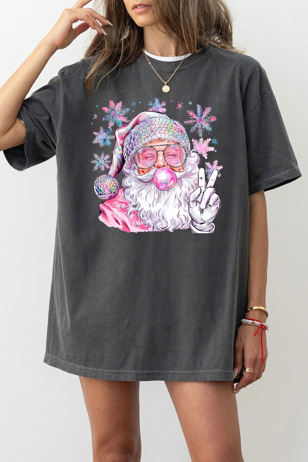 Pink santa blowing bubble snowflake tee