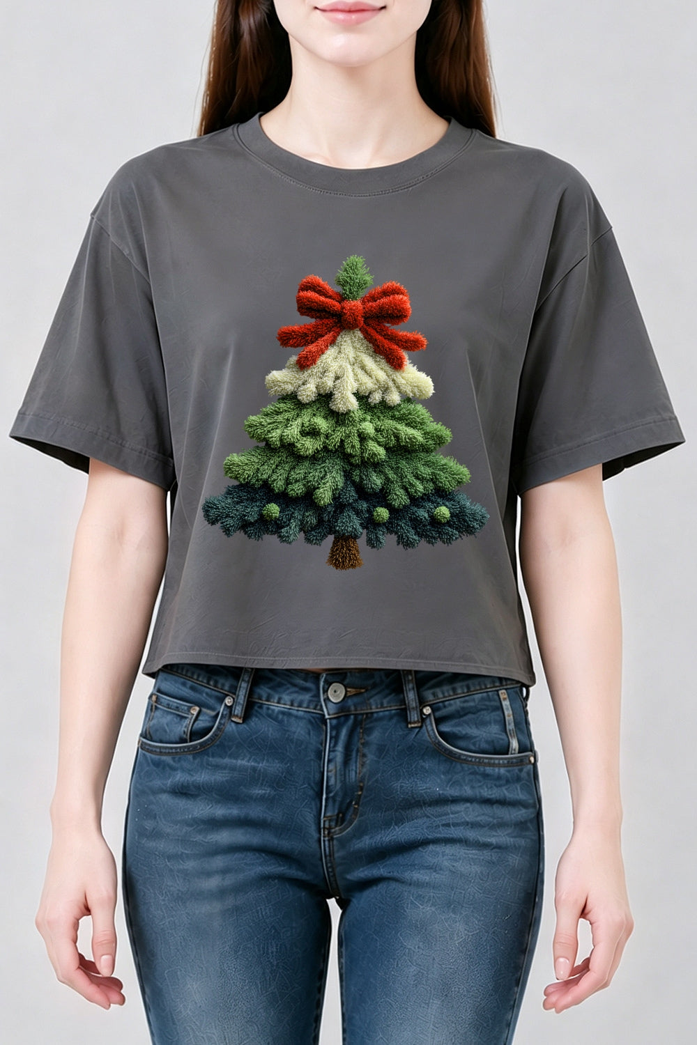 Plush christmas tree print crop top