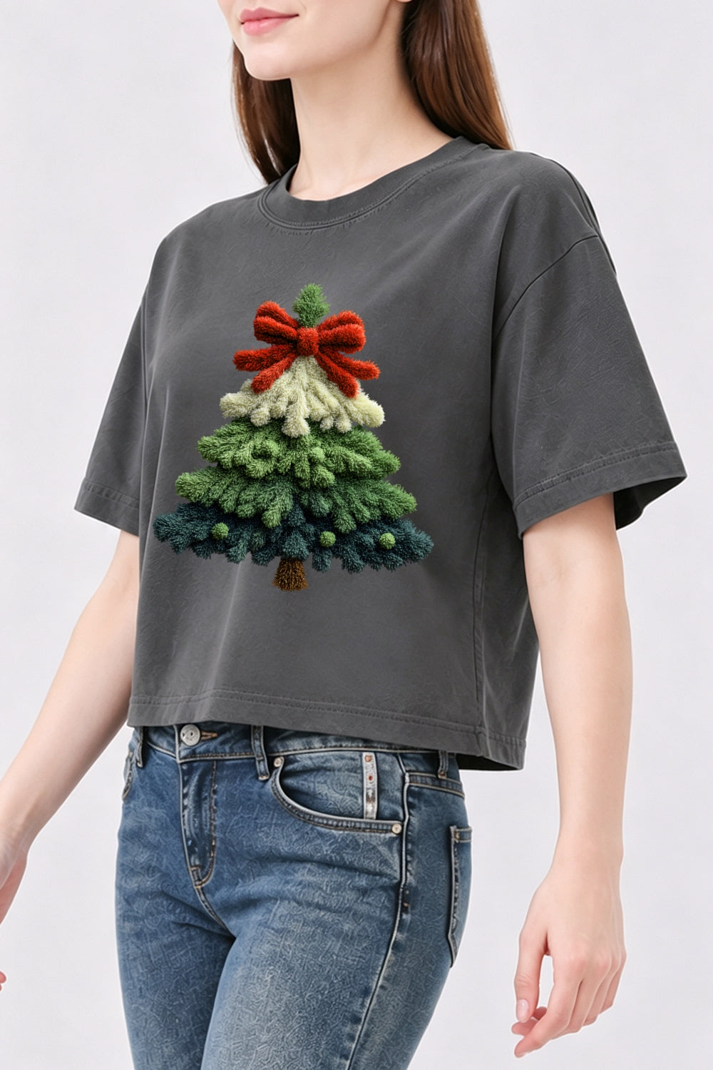 Plush christmas tree print crop top