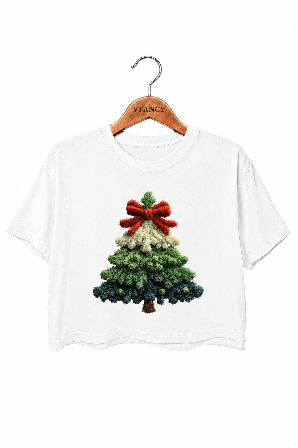 Plush christmas tree print crop top