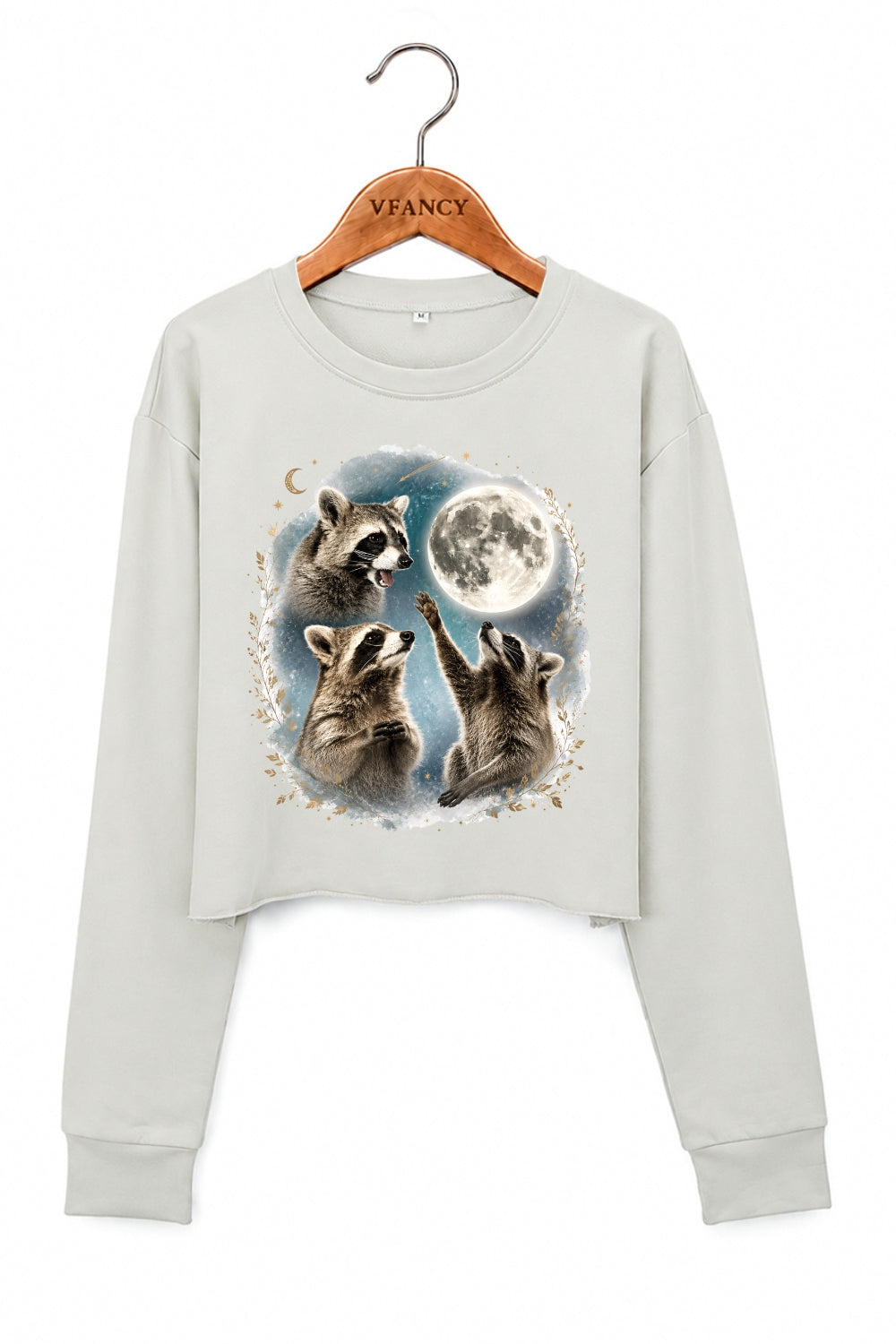 Raccoons gather around the moon crop sweatshirt