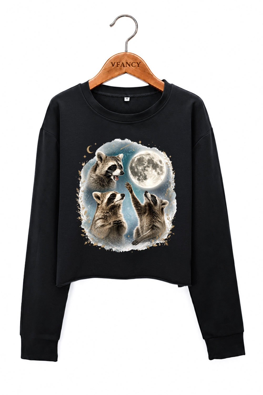Raccoons gather around the moon crop sweatshirt