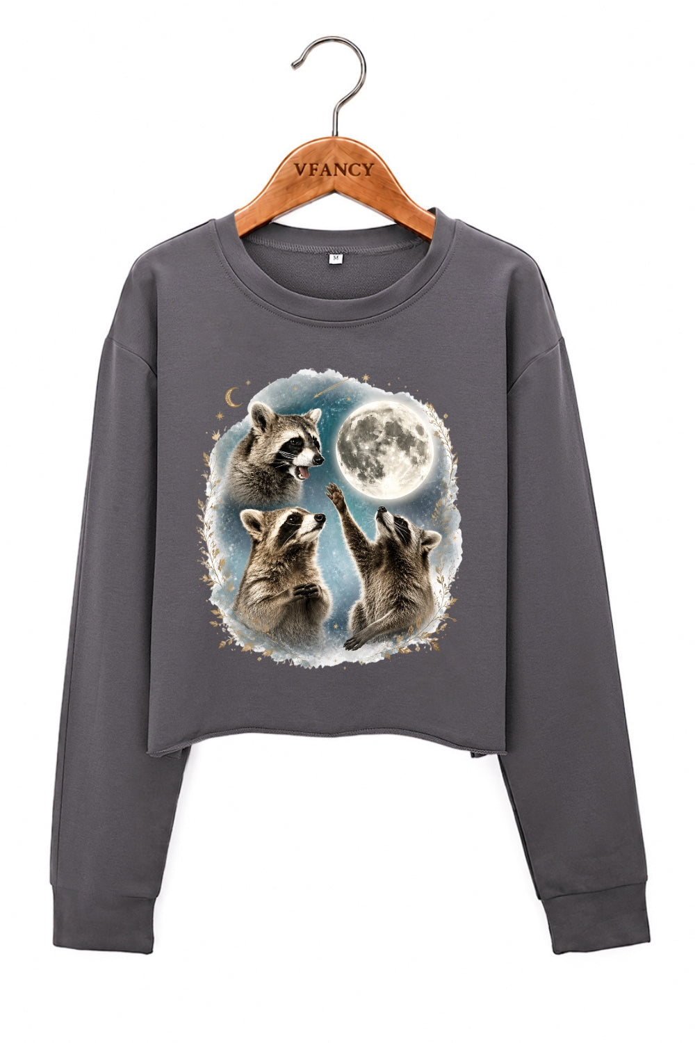 Raccoons gather around the moon crop sweatshirt