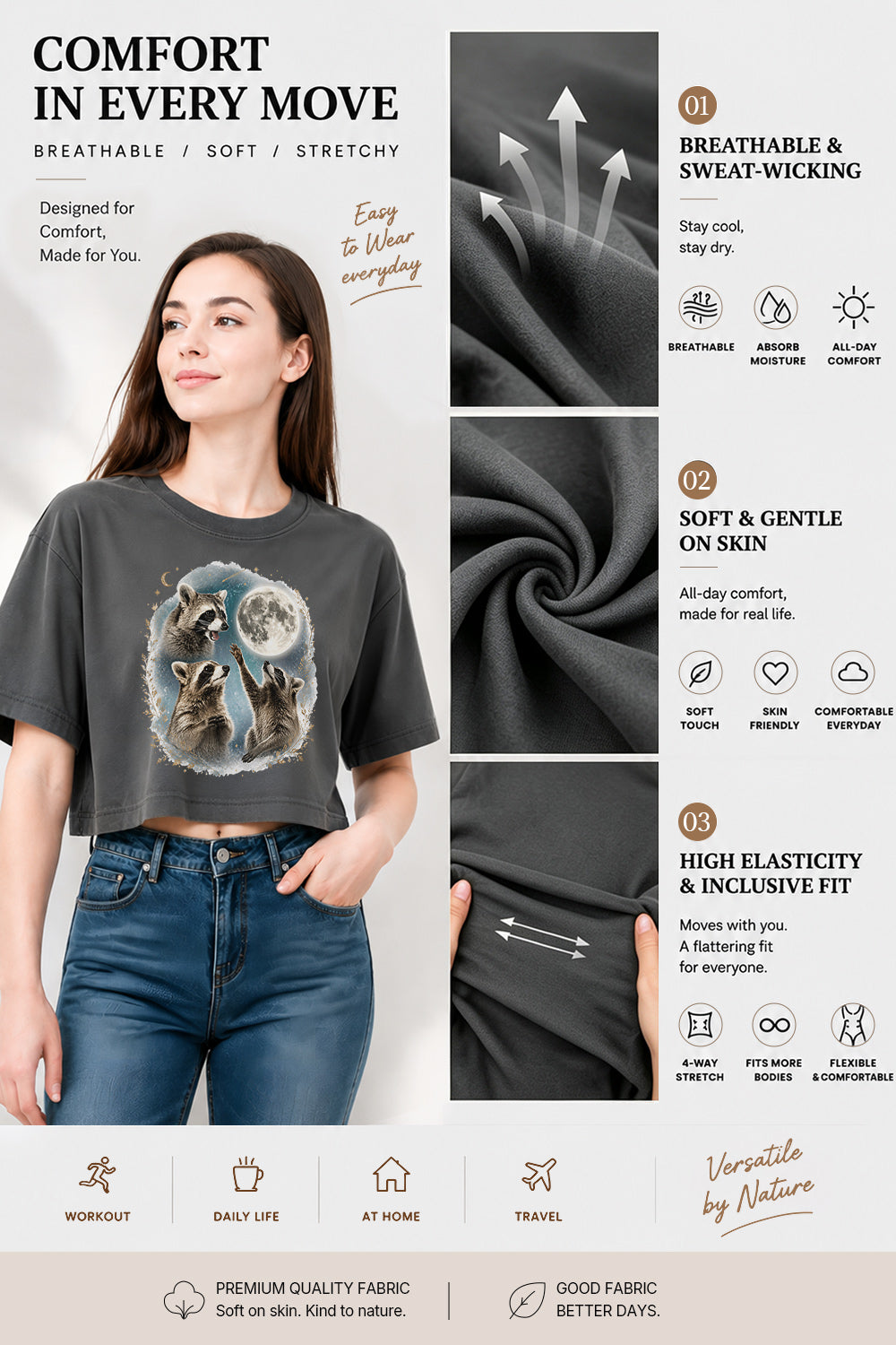Raccoons gather around the moon crop top