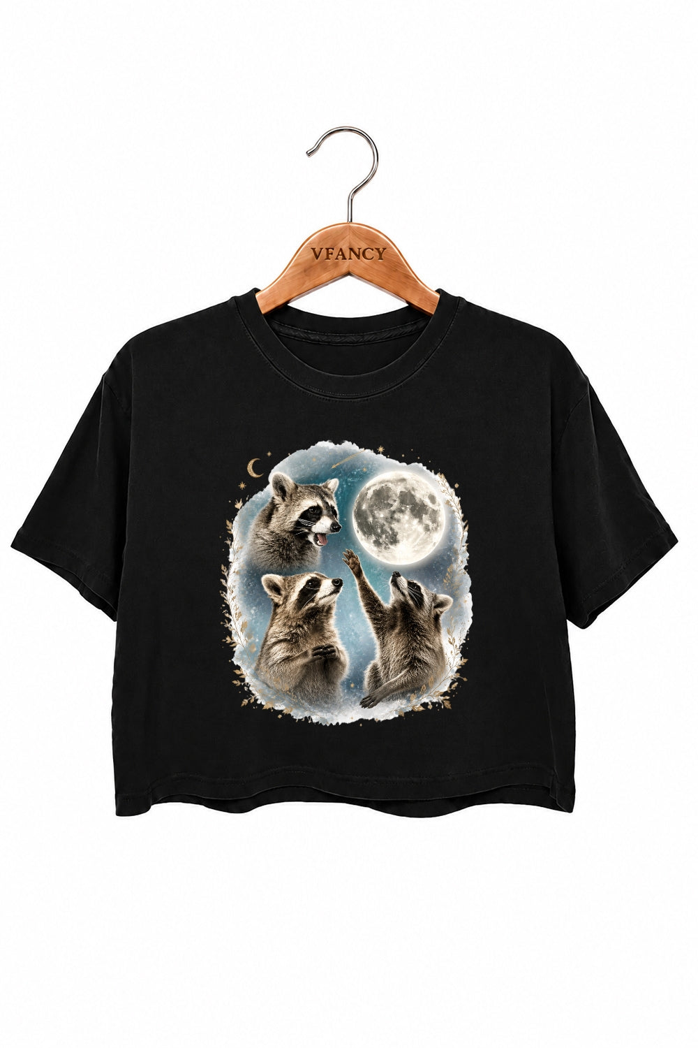 Raccoons gather around the moon crop top
