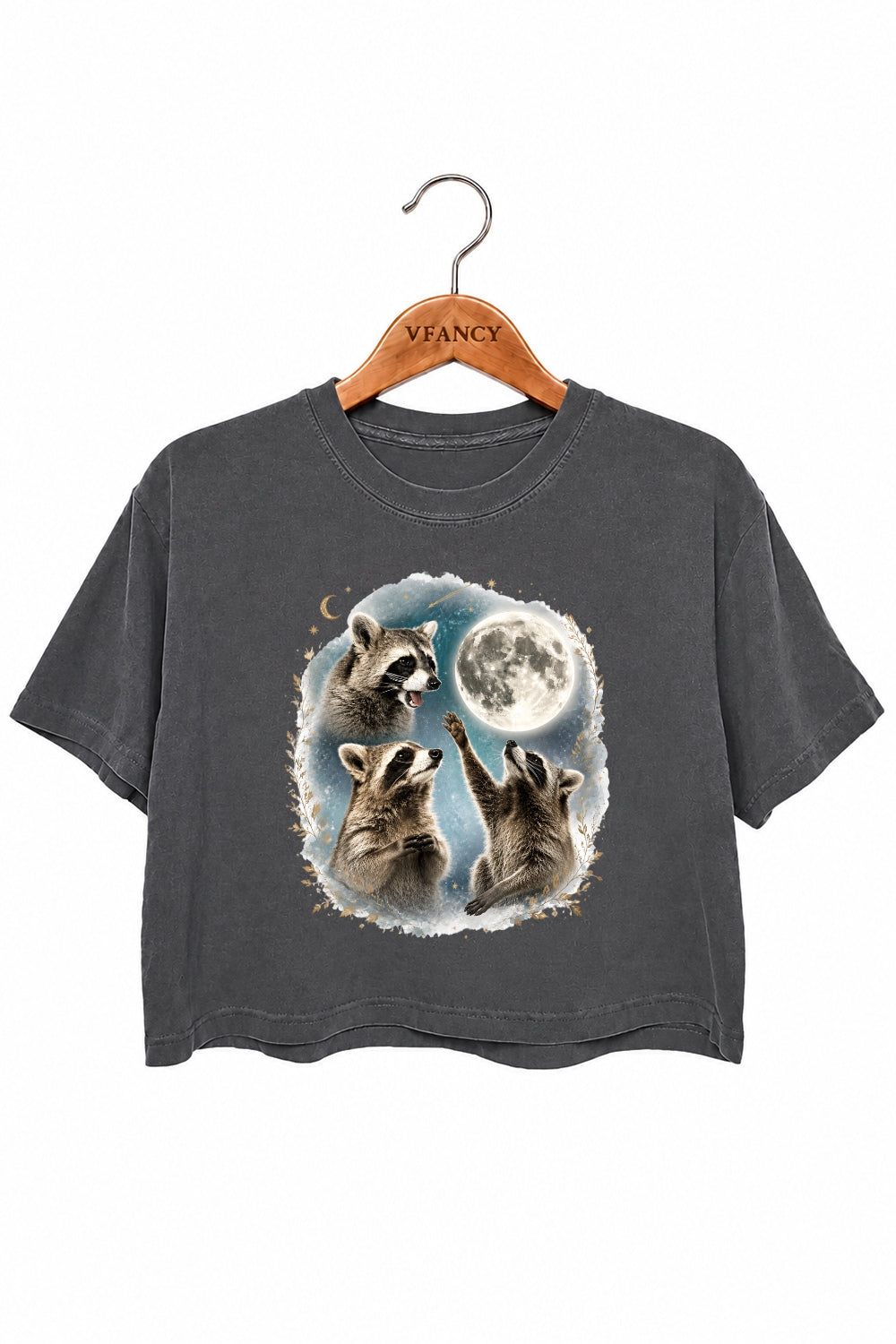 Raccoons gather around the moon crop top