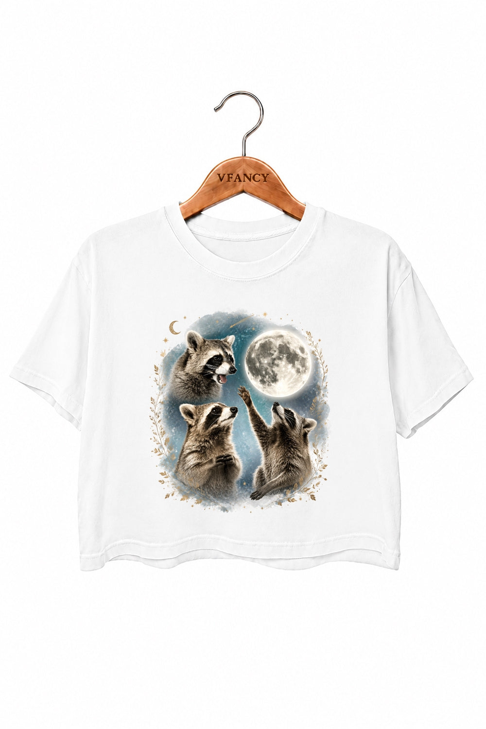 Raccoons gather around the moon crop top