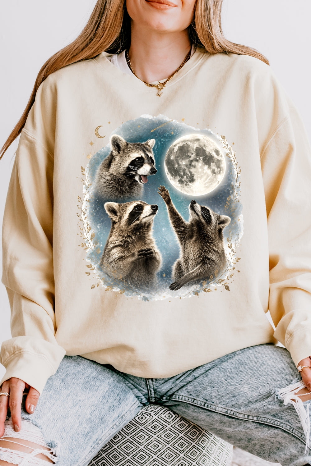 Raccoons gather around the moon sweatshirt