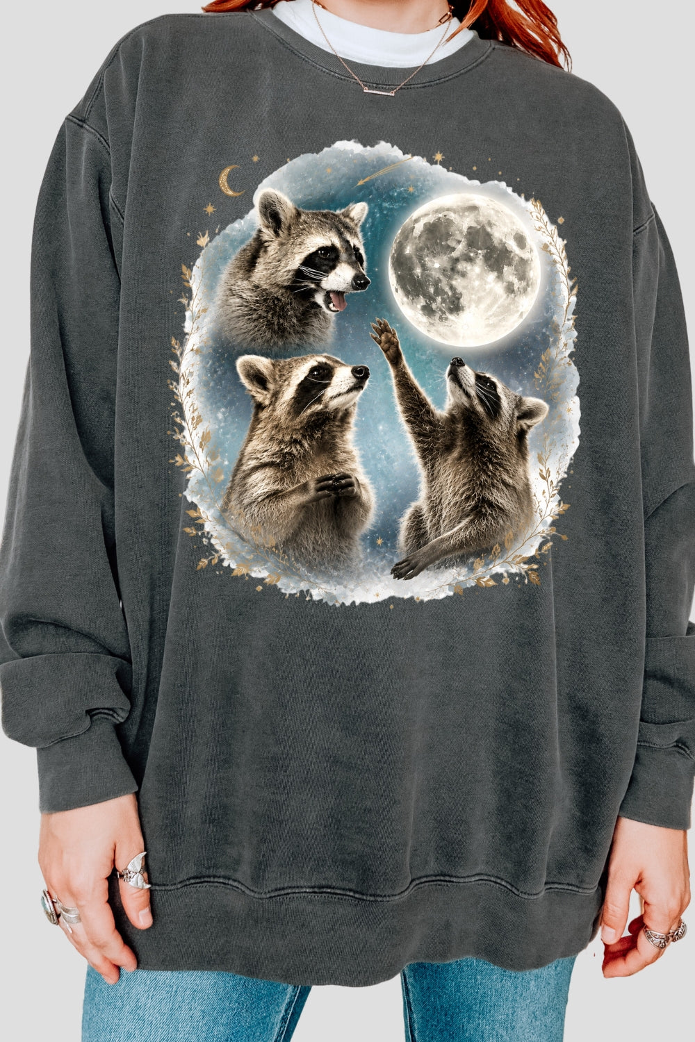 Raccoons gather around the moon sweatshirt