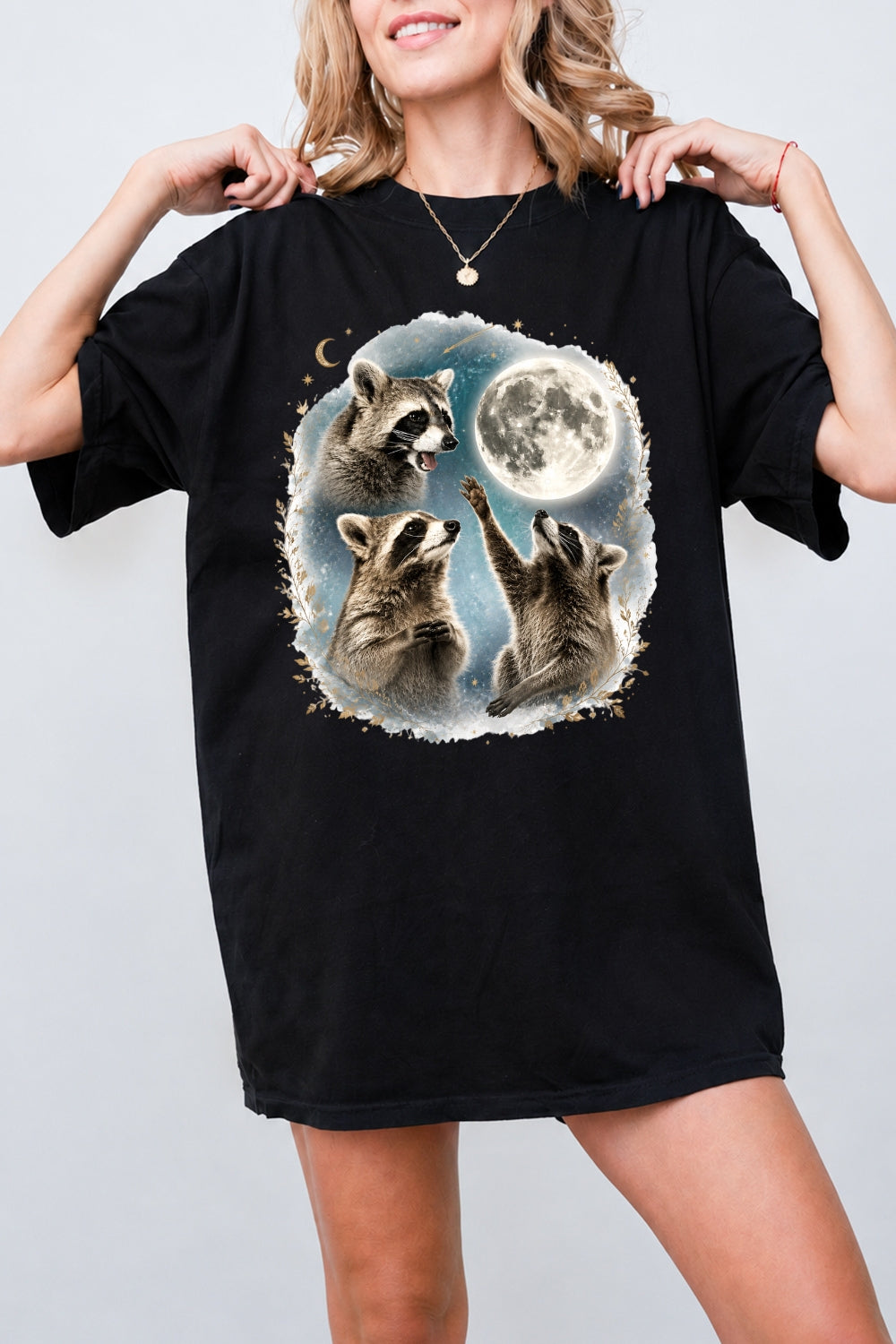 Raccoons gather around the moon tee