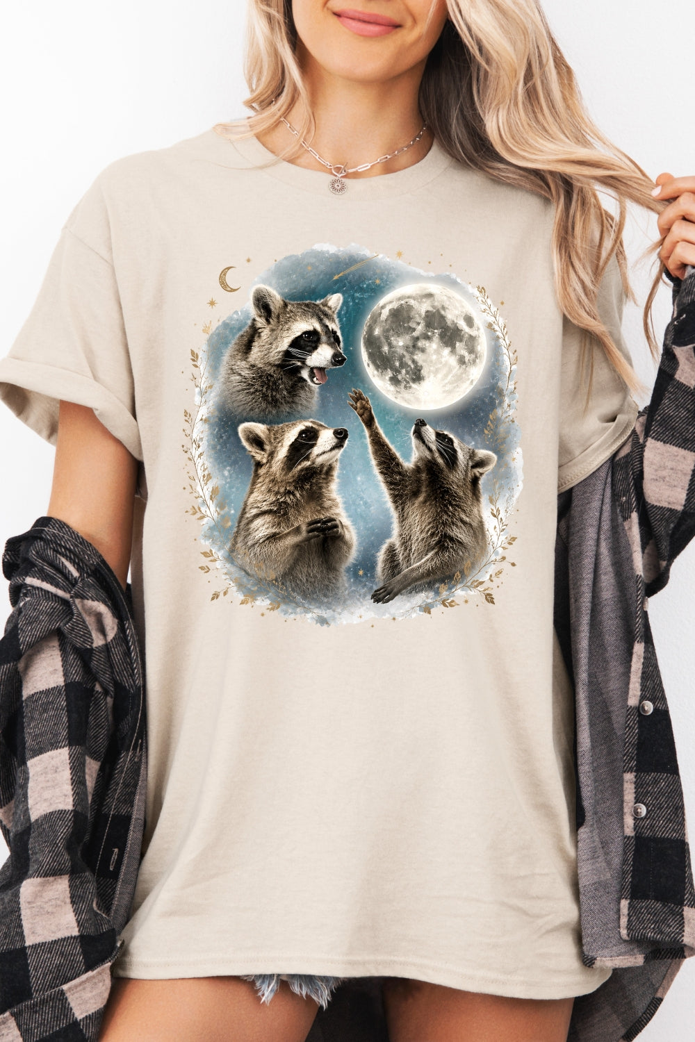 Raccoons gather around the moon tee