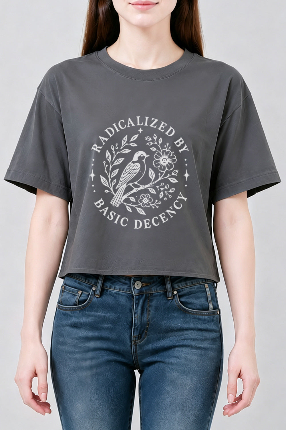 Radicalized by basic decency bird crop top