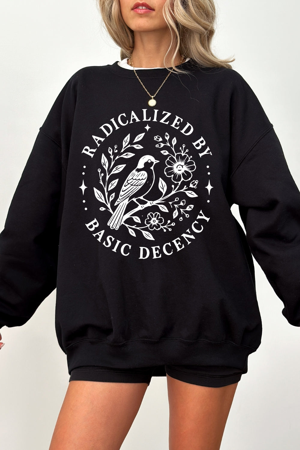 Radicalized by basic decency bird sweatshirt