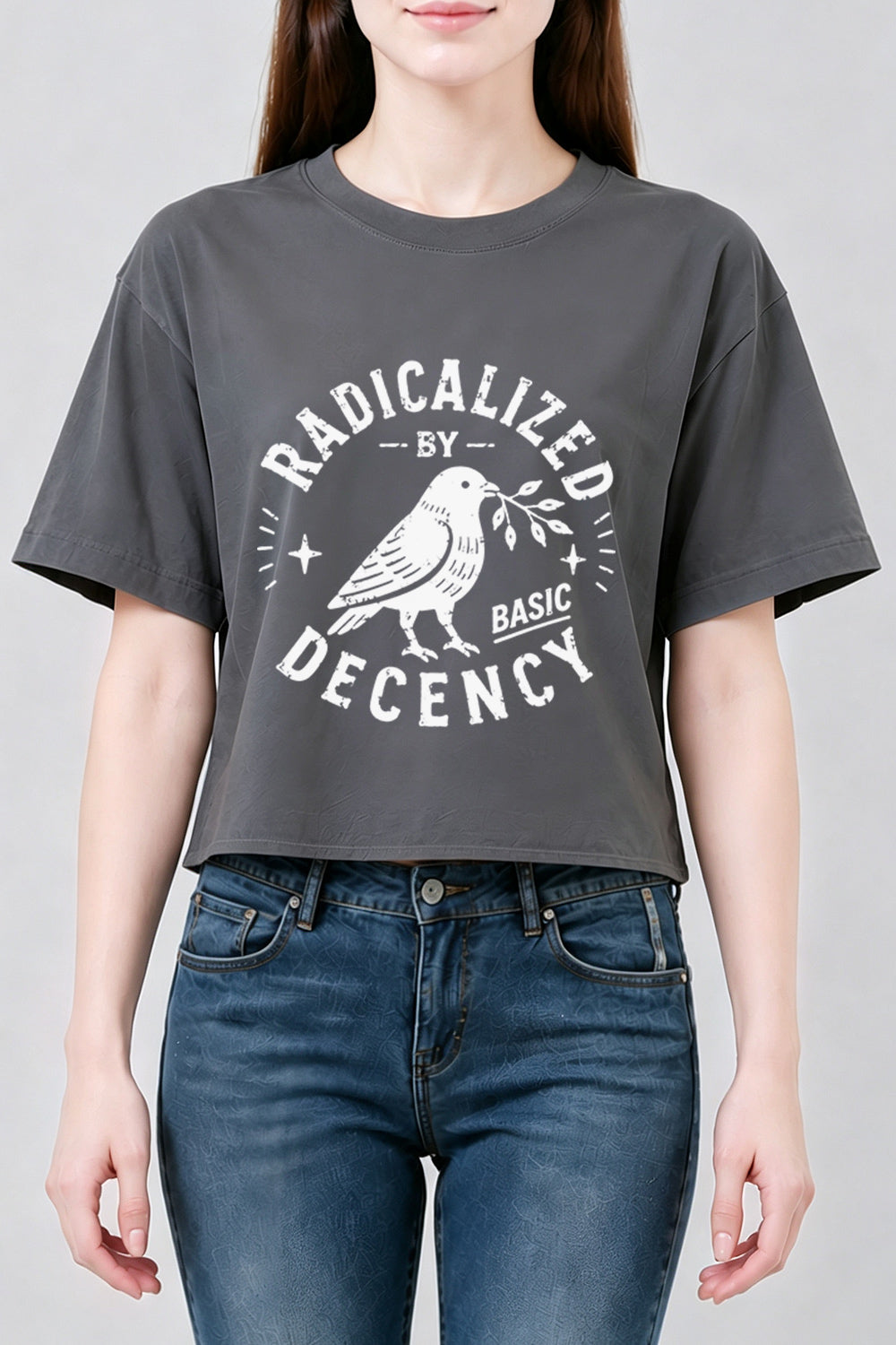 Radicalized by basic decency birds crop top