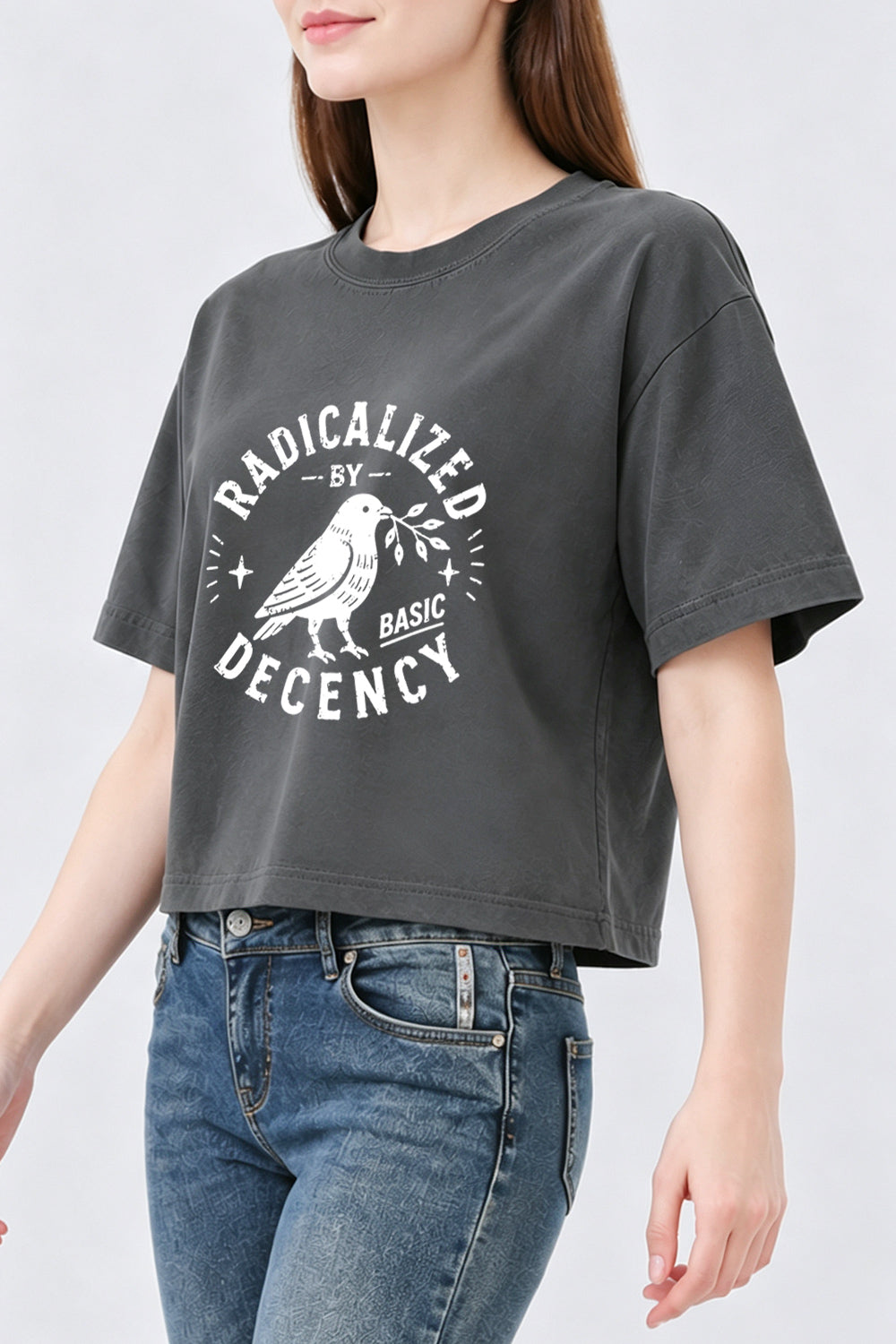 Radicalized by basic decency birds crop top
