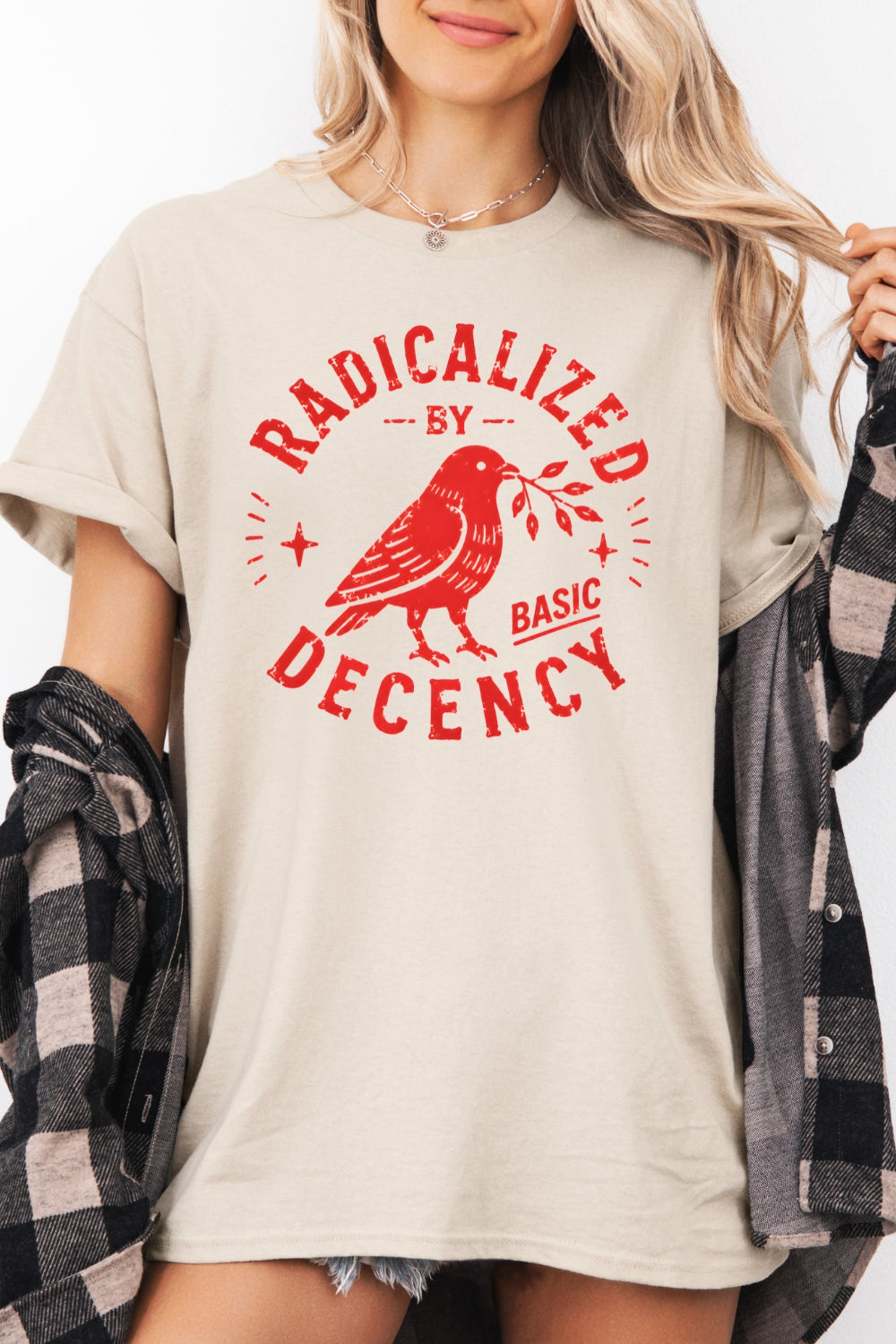 Radicalized by basic decency birds tee