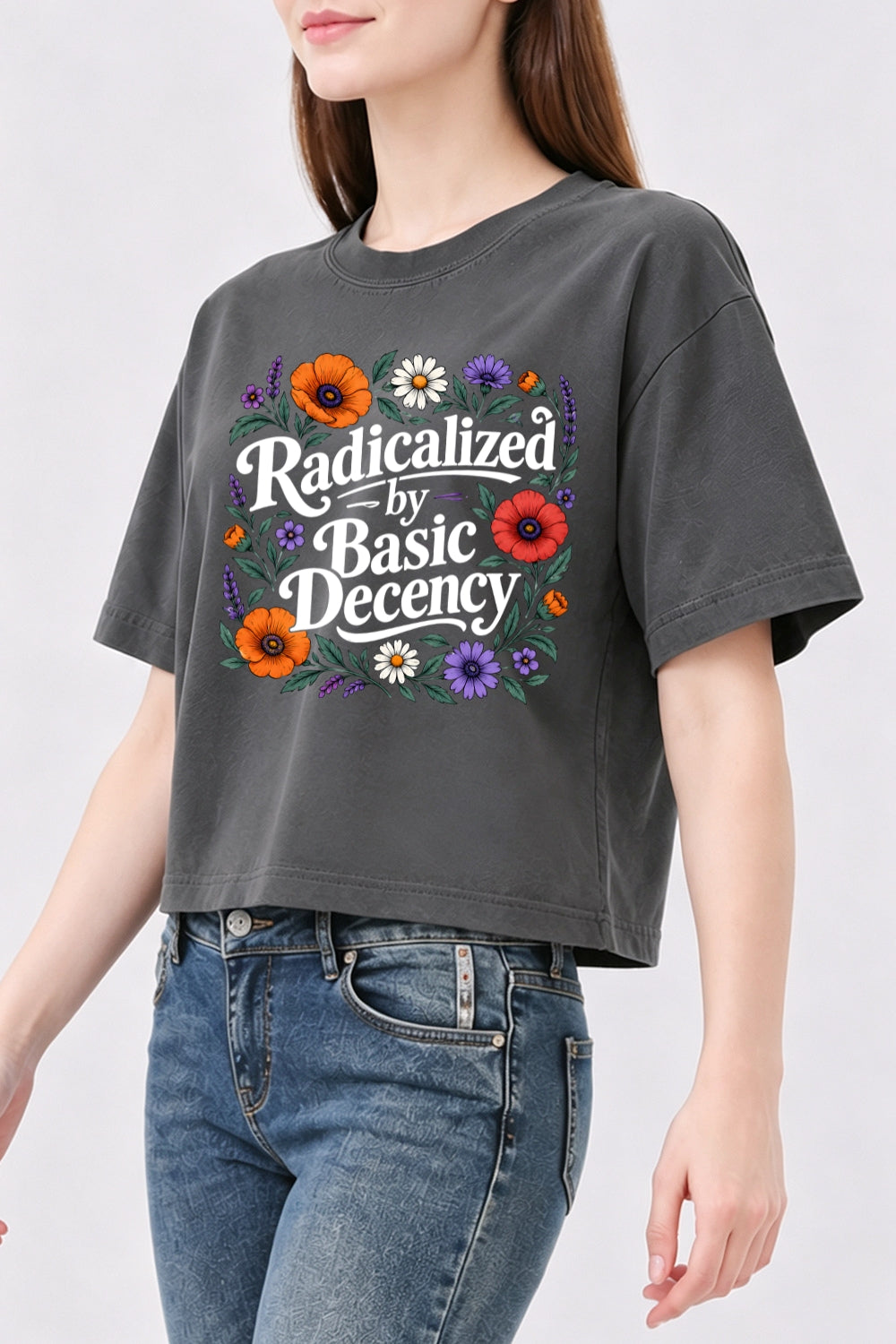 Radicalized by basic decency floral crop top