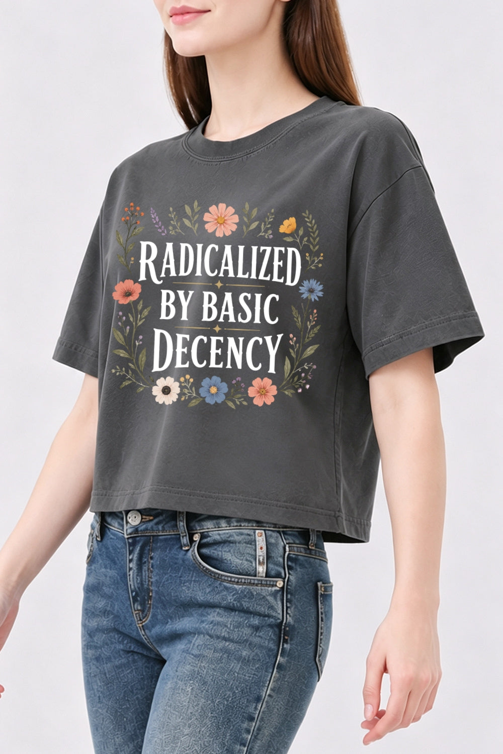 Radicalized by basic decency flowers crop top