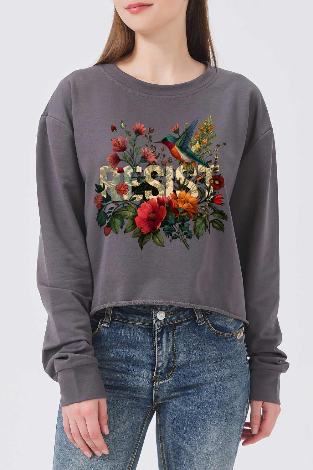 Resist bird floral crop sweatshirt