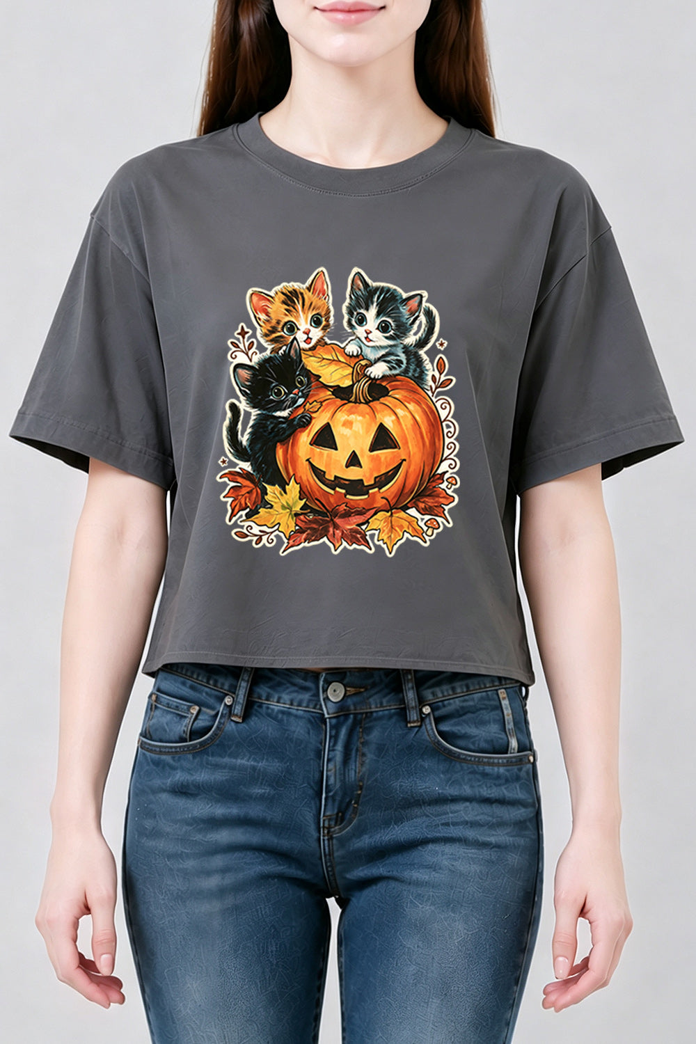 Retro halloween pumpkin kitten crop top