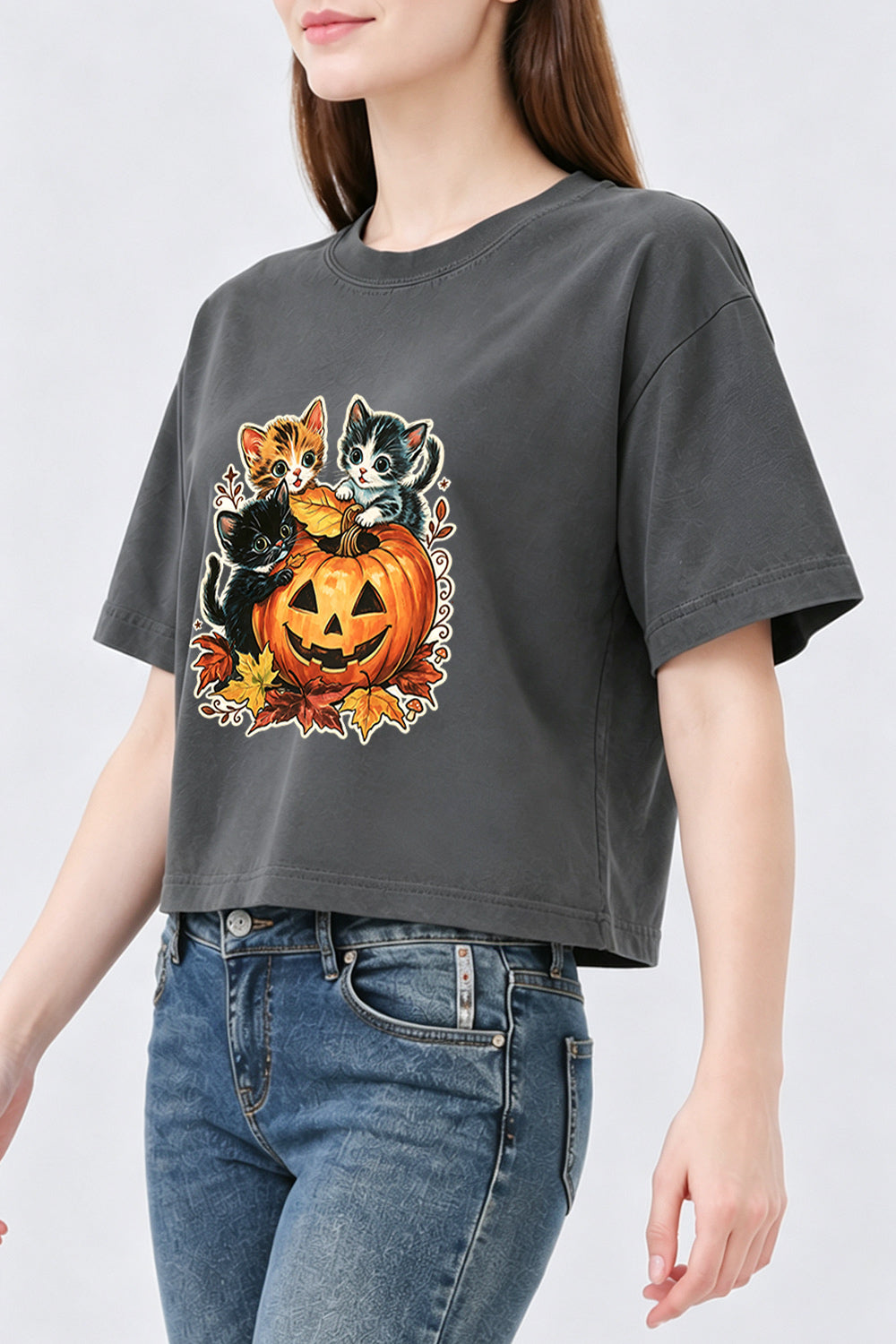 Retro halloween pumpkin kitten crop top