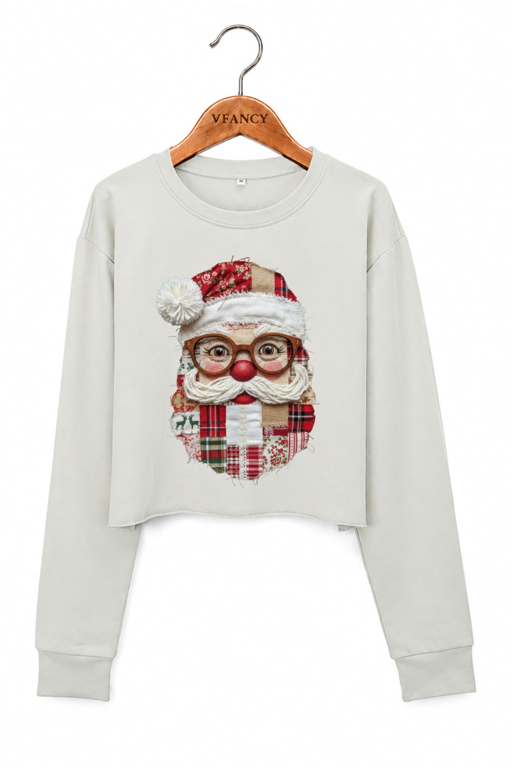 Retro patchwork santa print crop sweatshirt