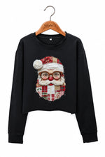 Retro patchwork santa print crop sweatshirt