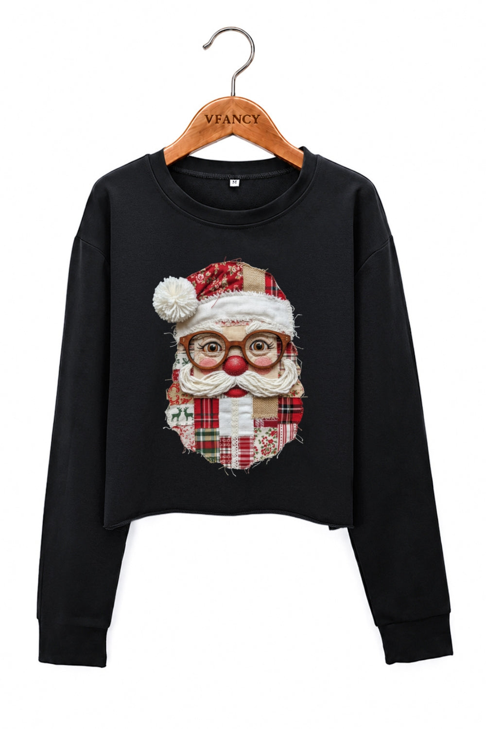 Retro patchwork santa print crop sweatshirt