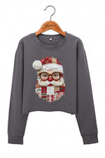 Retro patchwork santa print crop sweatshirt