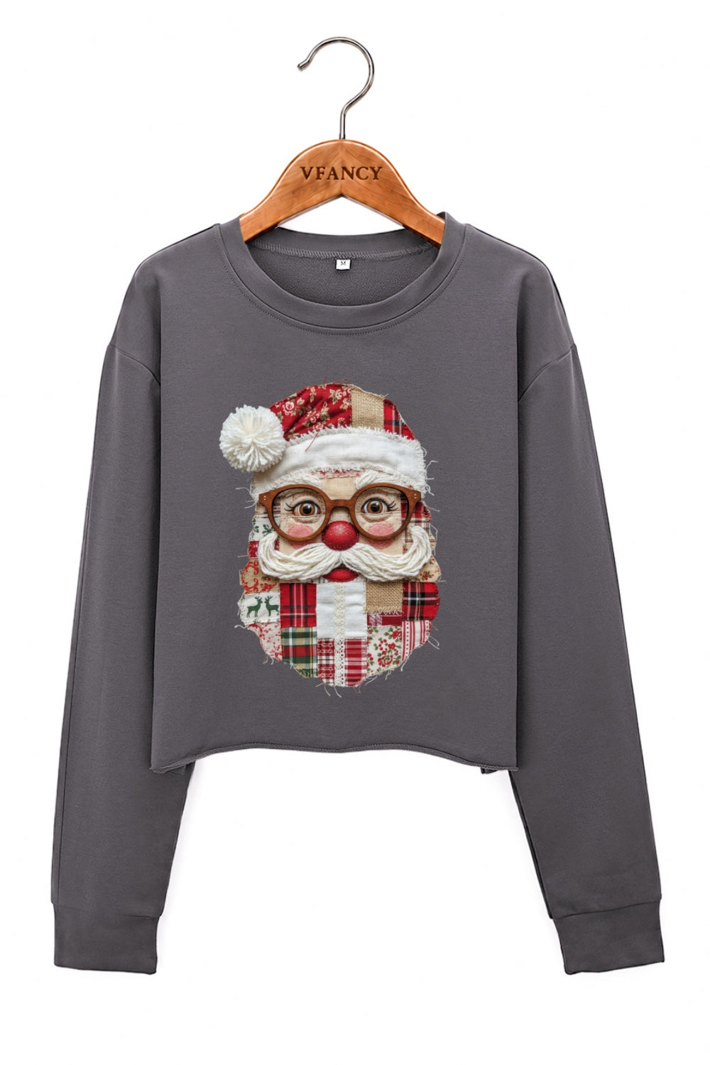 Retro patchwork santa print crop sweatshirt