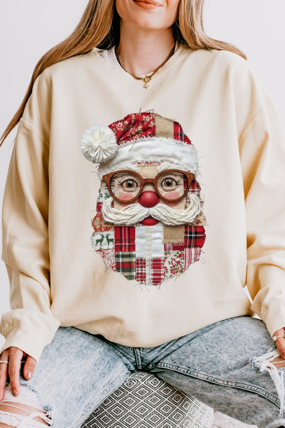 Retro patchwork santa print sweatshirt