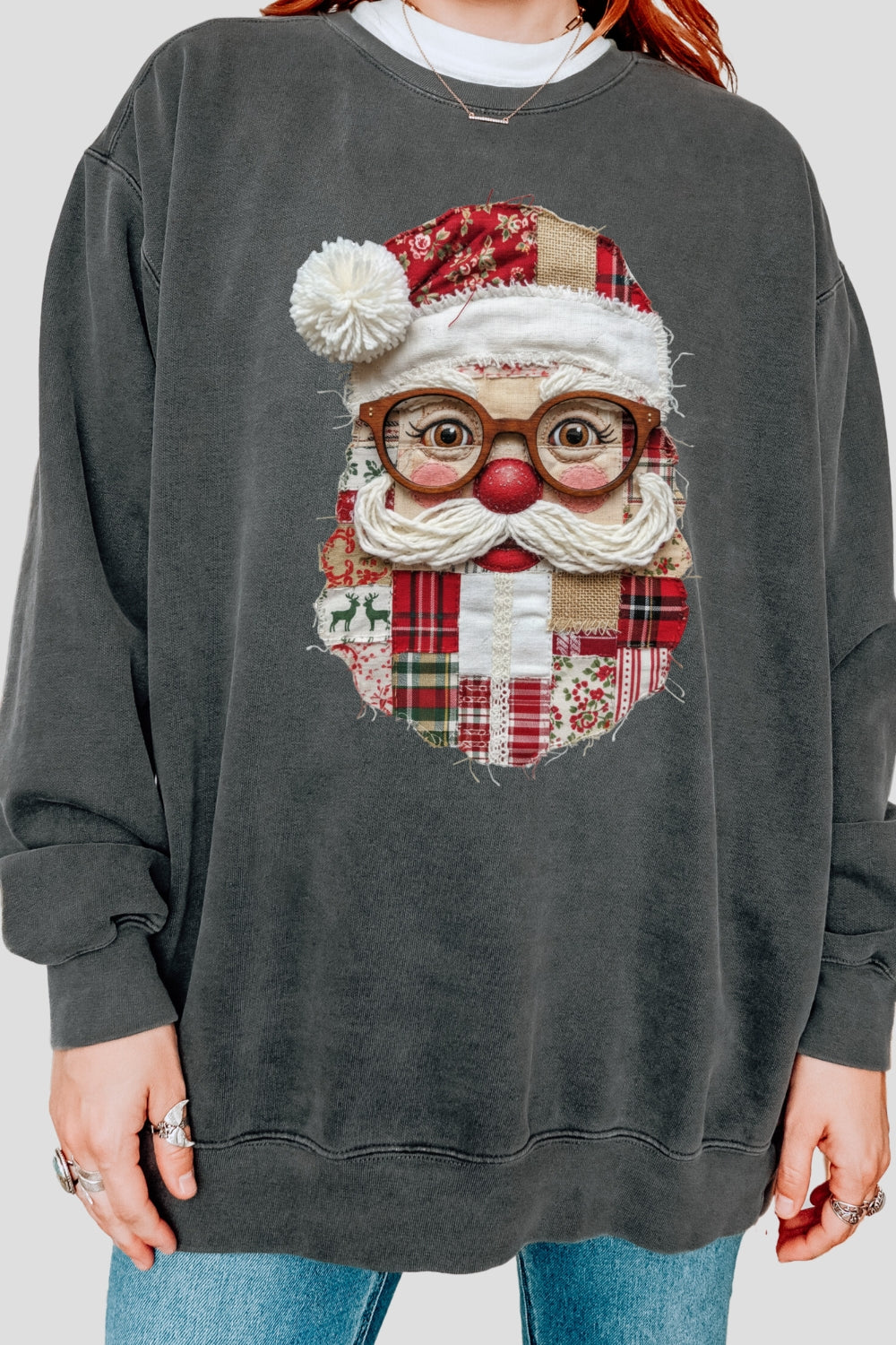 Retro patchwork santa print sweatshirt