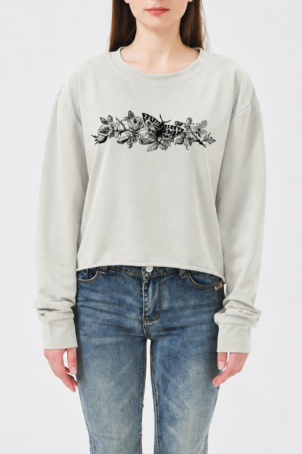 Retro rose and butterfly sketch crop sweatshirt