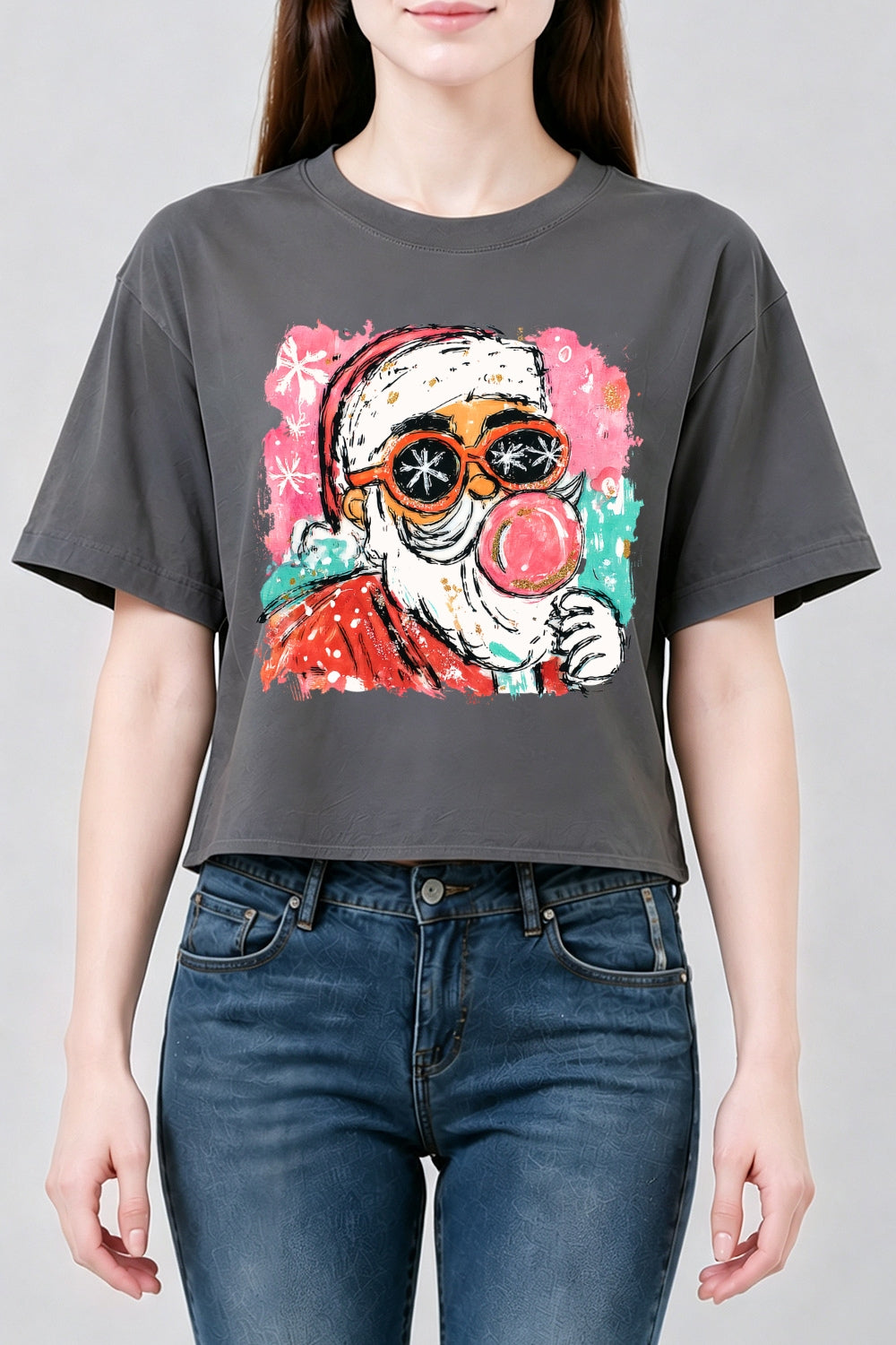 Santa blowing bubble painting christmas crop top
