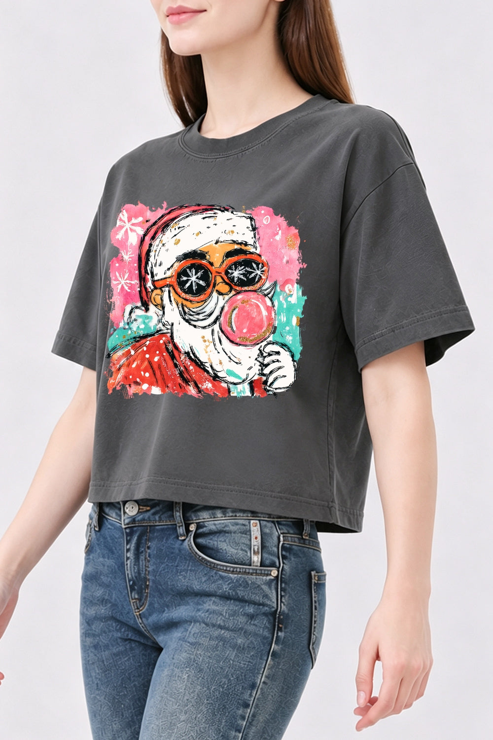 Santa blowing bubble painting christmas crop top