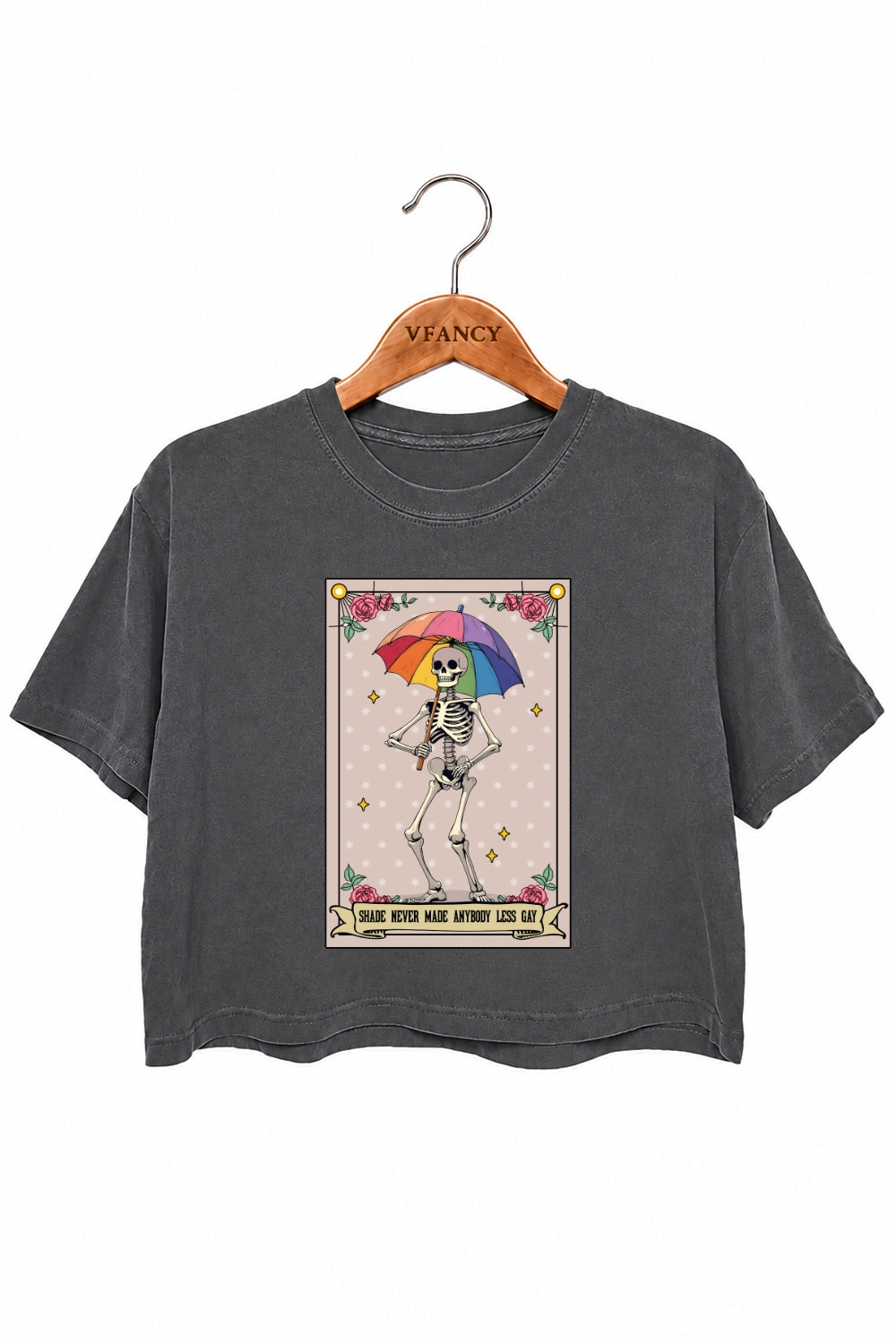 Shade never made anybody less gay skull crop top