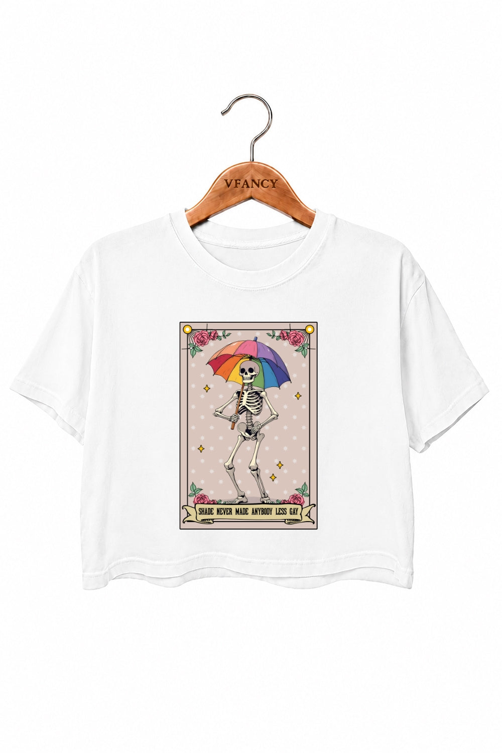 Shade never made anybody less gay skull crop top