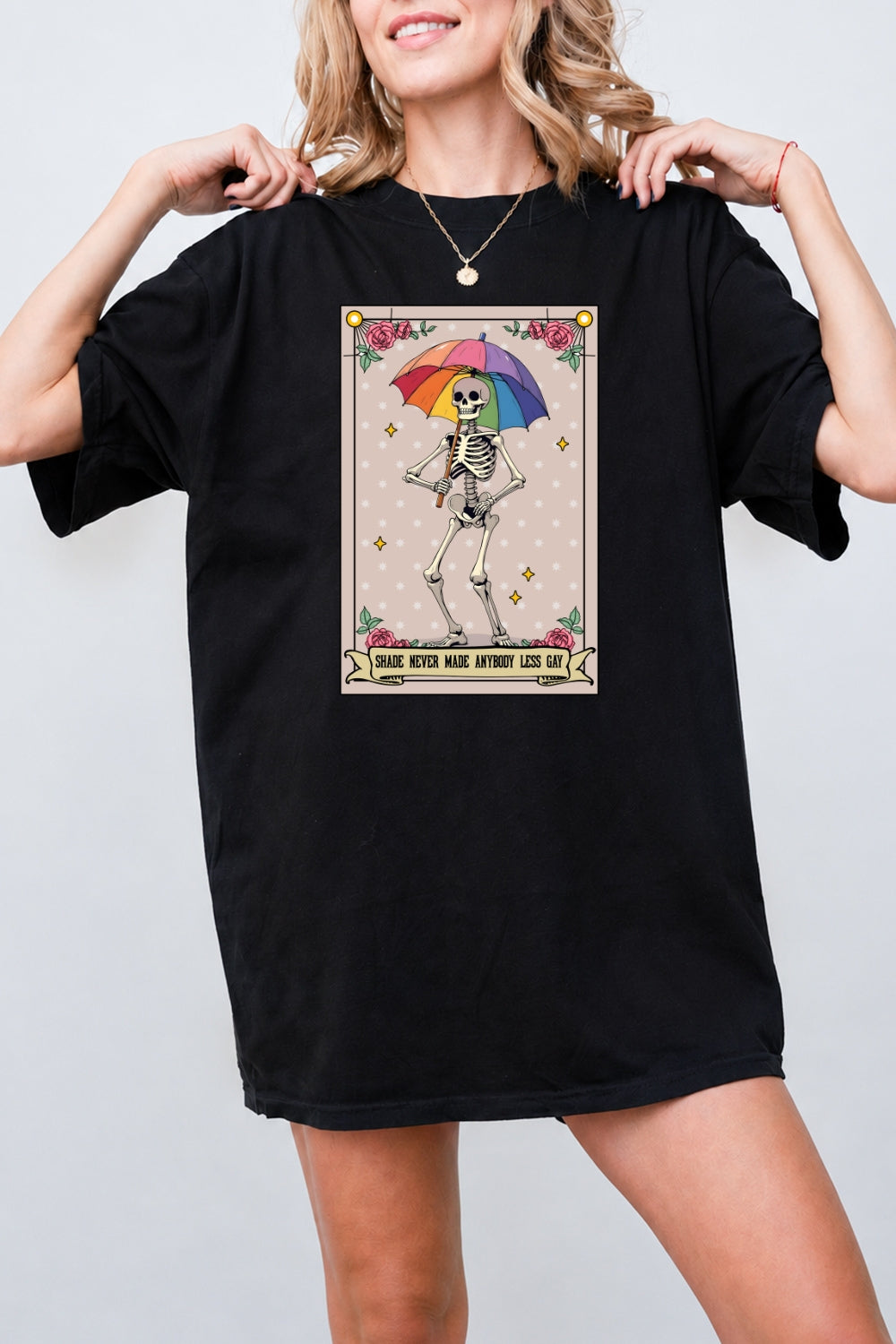 Shade never made anybody less gay skull tee