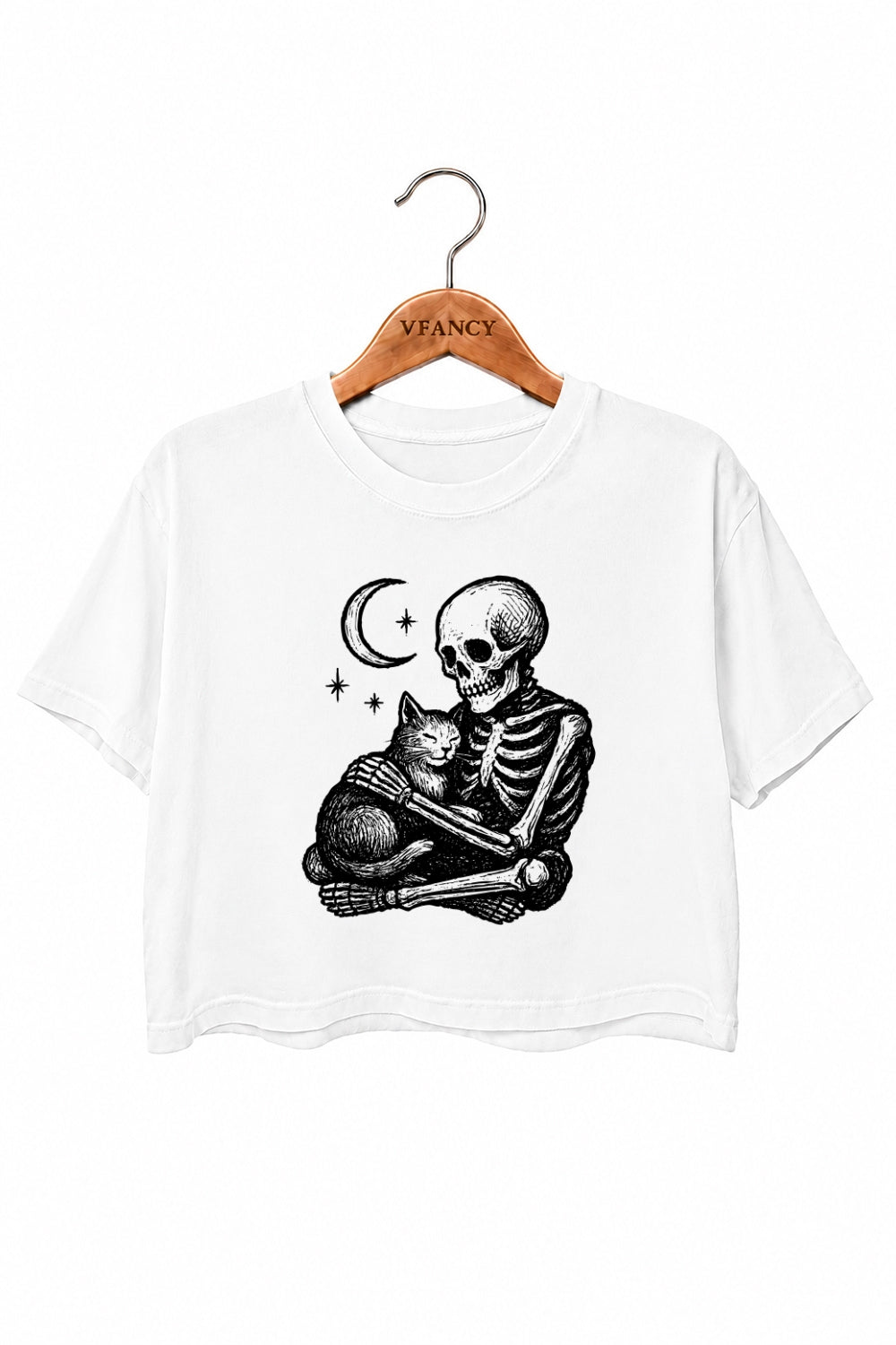 Skeleton holding a cat crop top