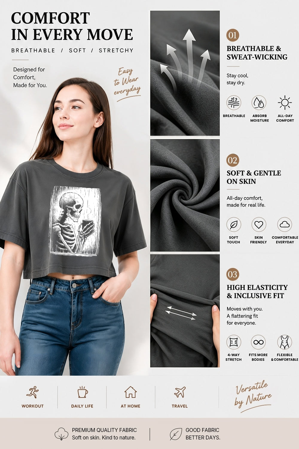 Skeleton holding a hot drink crop top