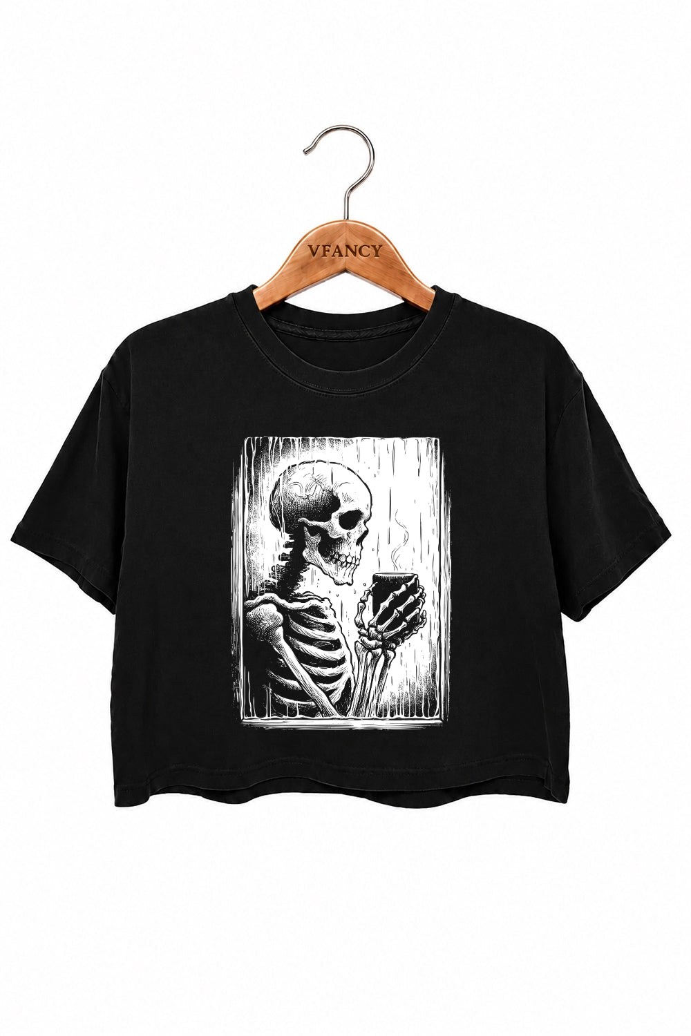 Skeleton holding a hot drink crop top